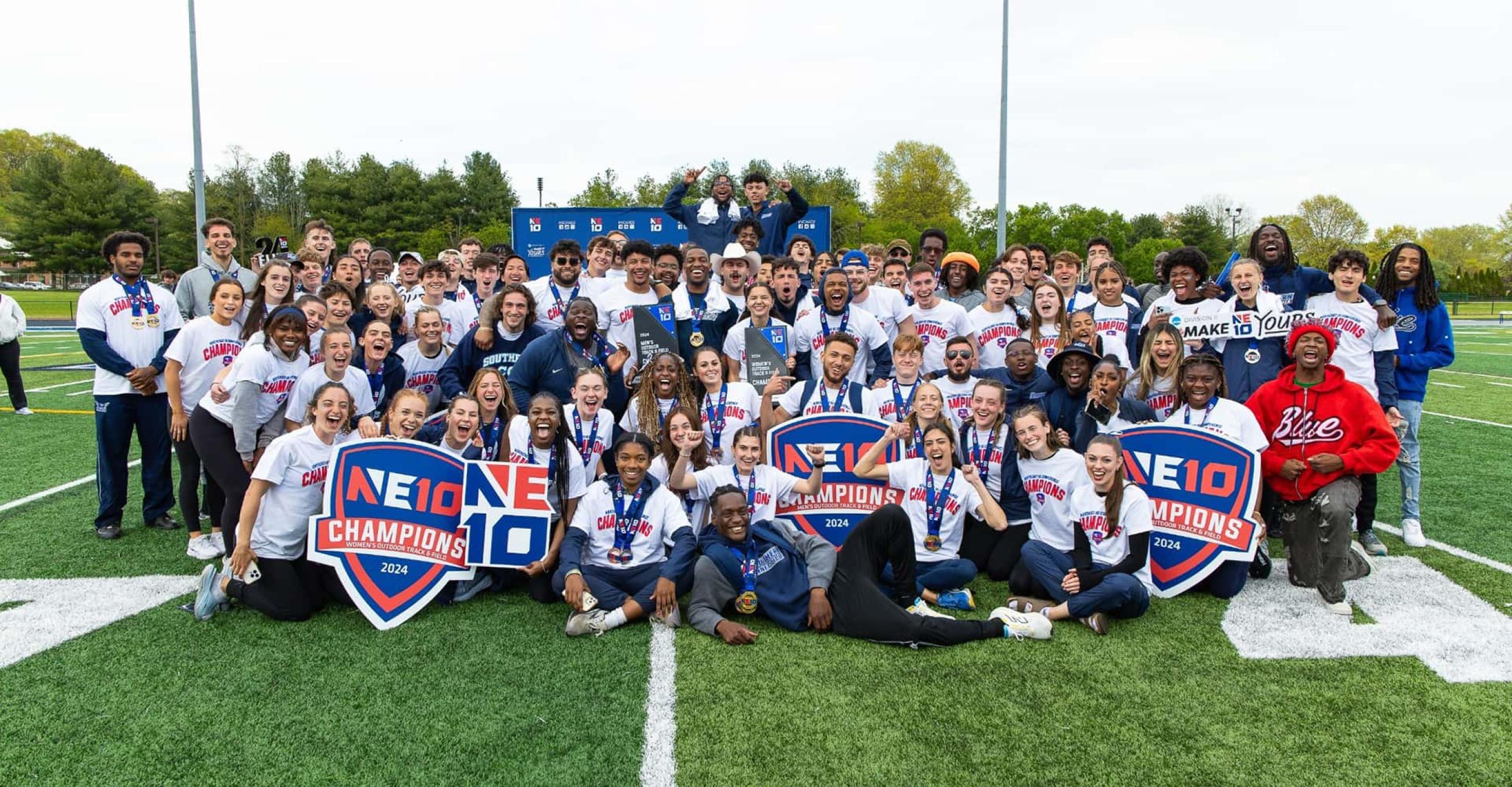 The SCSU women's and men's track and field teams after winning their respective Northeast-10 Conference Outdoor Championships 