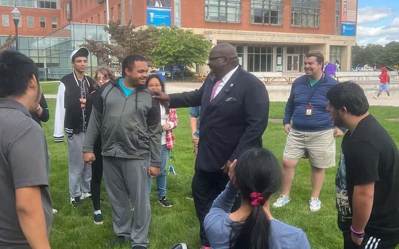 Interim President Dwayne Smith with students from Hamden's and East Haven's transition academies 