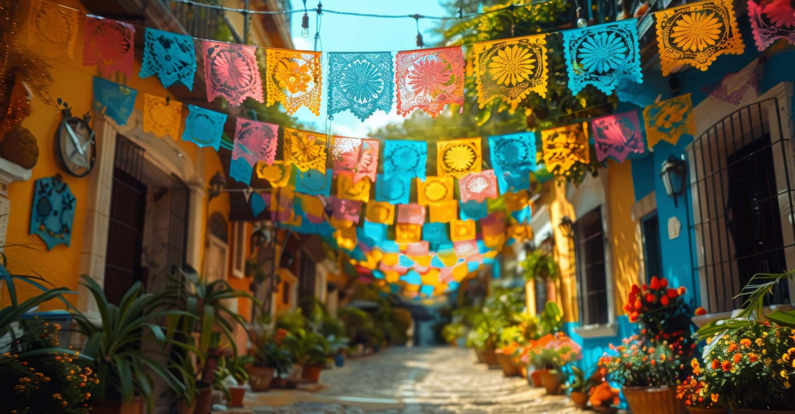 a street scene in Mexico with colorful flags and flowers