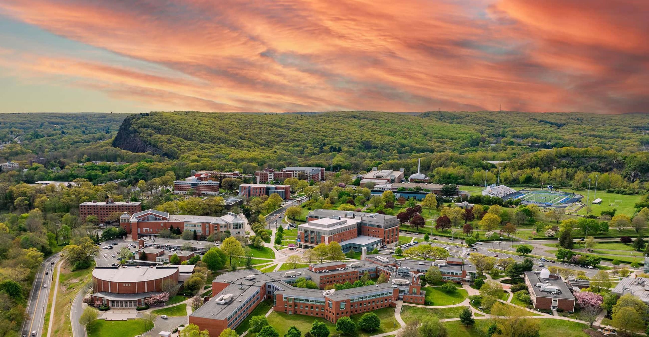 a view from above of the SCSU campus with West Rock in the background