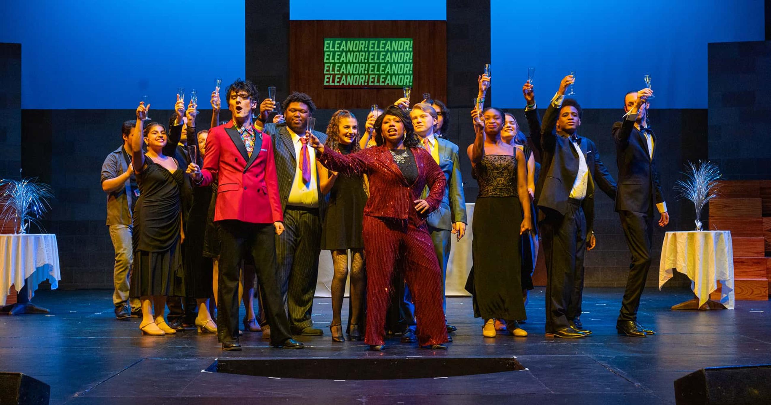 the cast of "The Prom" on stage at Lyman Center