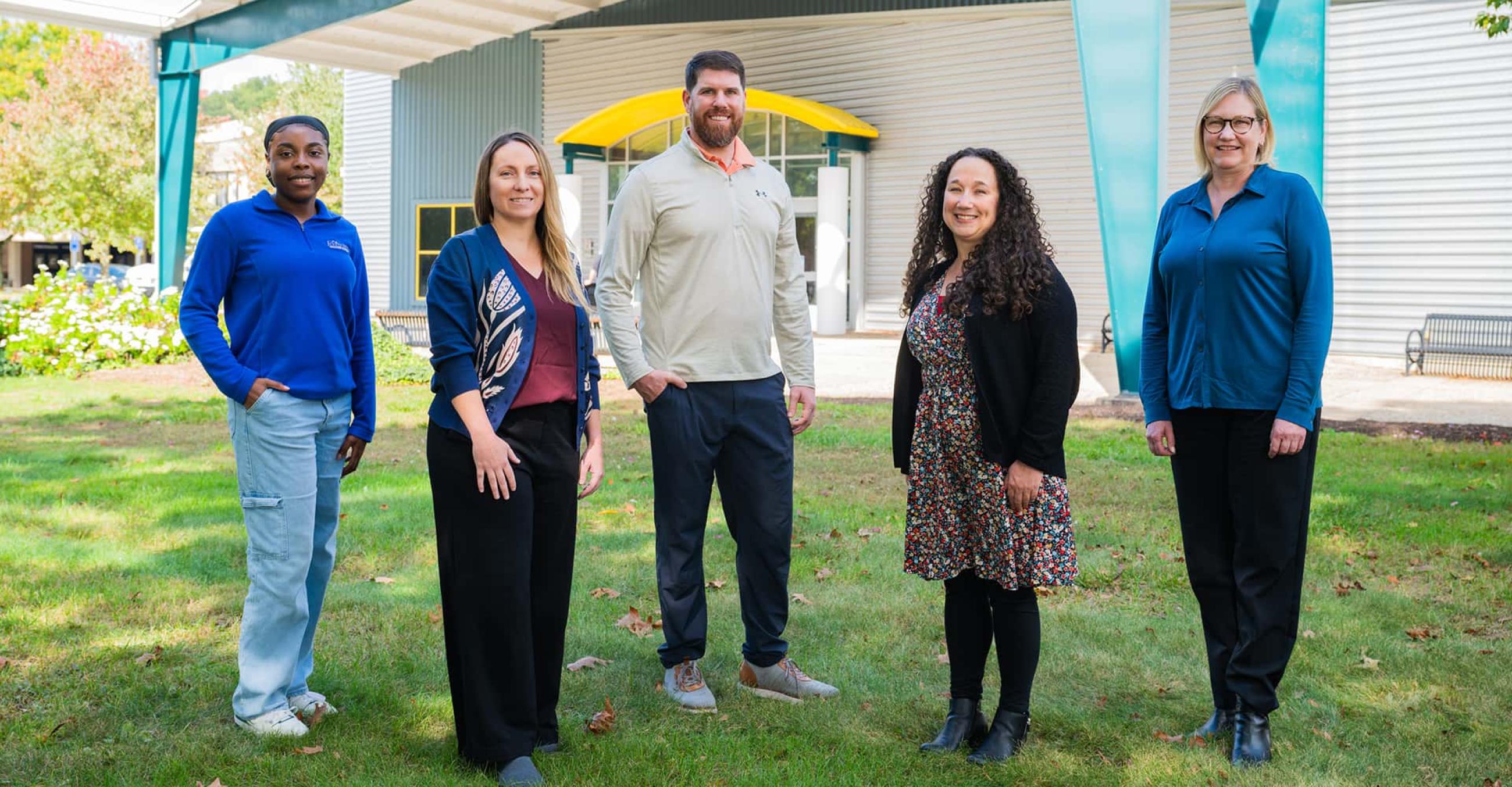 Angenee Spencer, '25; Carla Flynn, director of transfer admissions and services; Braxton Carrigan, associate professor of mathematics; Karen D’Angelo, assistant professor and coordinator of the B.S.W. program; and Julie Edstrom, vice president for enrollment management