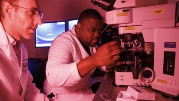 Two people conducting research using equipment