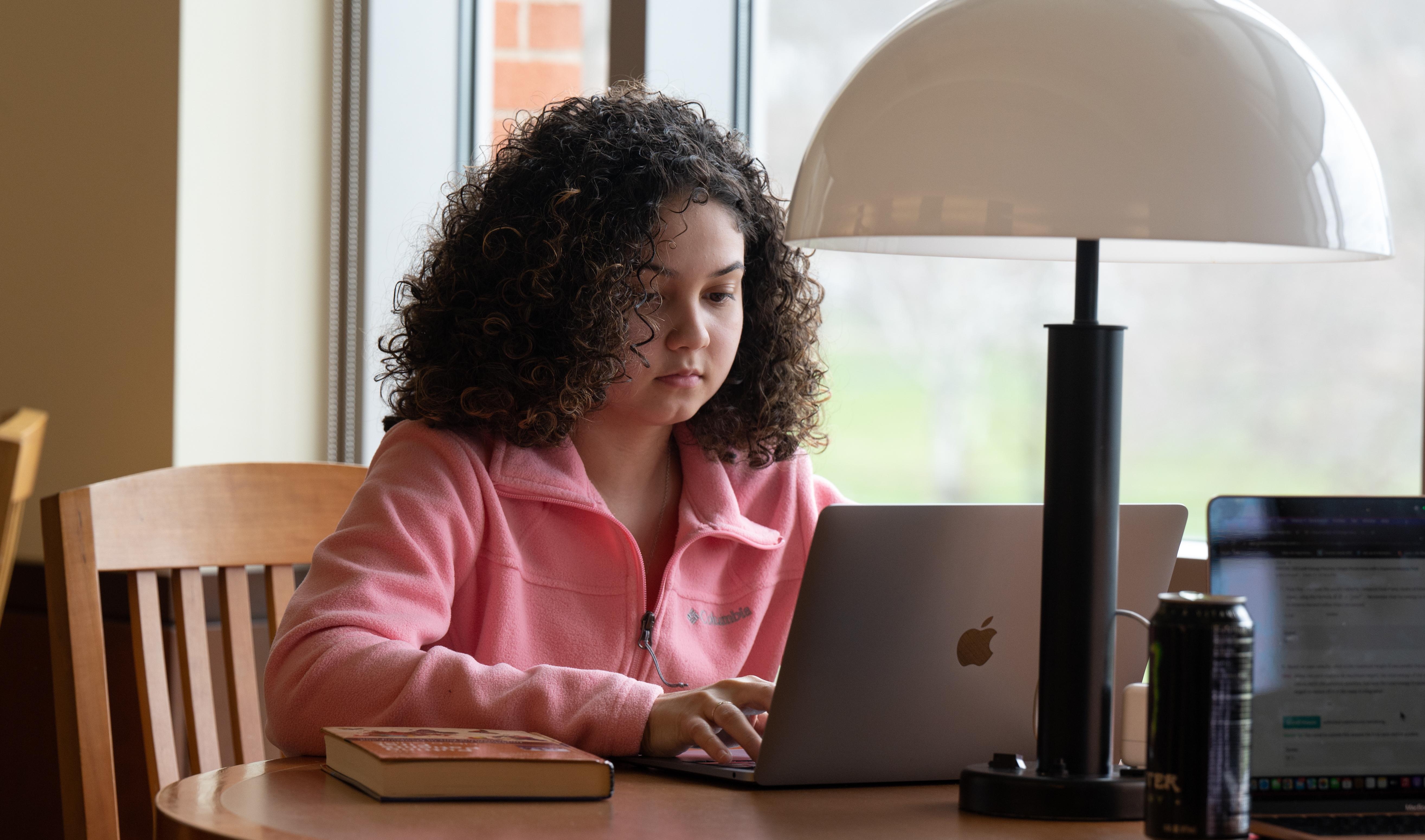 A student works on her laptop in a study space in the Buley Library. 